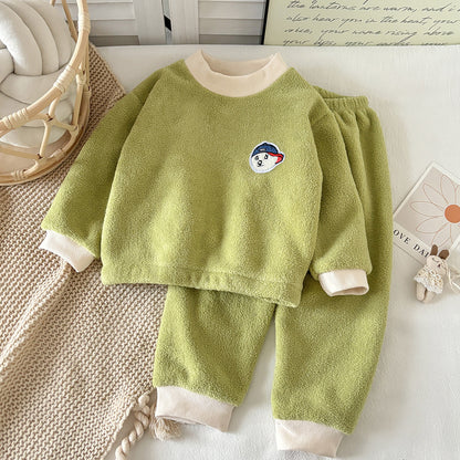 Children's Pajamas Set New Winter Style Warm Bayberry Velvet Thickened Fleece-Lined Breathable Printed kids suit